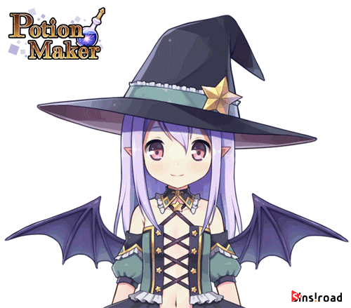 1girl animated animated_gif blush closed_eyes hat looking_at_viewer mauve pink_eyes pio_(potion_maker) potion_maker purple_hair wings witch_hat