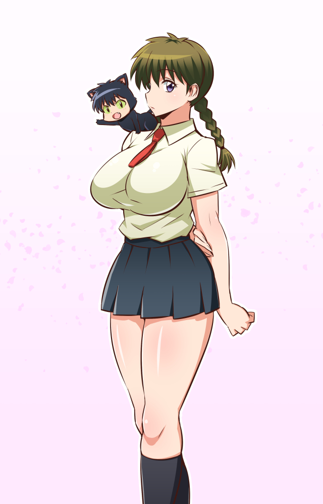 1boy 1girl blush braid breasts brown_hair cat gradient gradient_background kyoukai_no_rinne large_breasts long_hair looking_at_viewer mamiya_sakura open_mouth rokumon_(rinne) skirt socks thick_thighs twintails violet_eyes