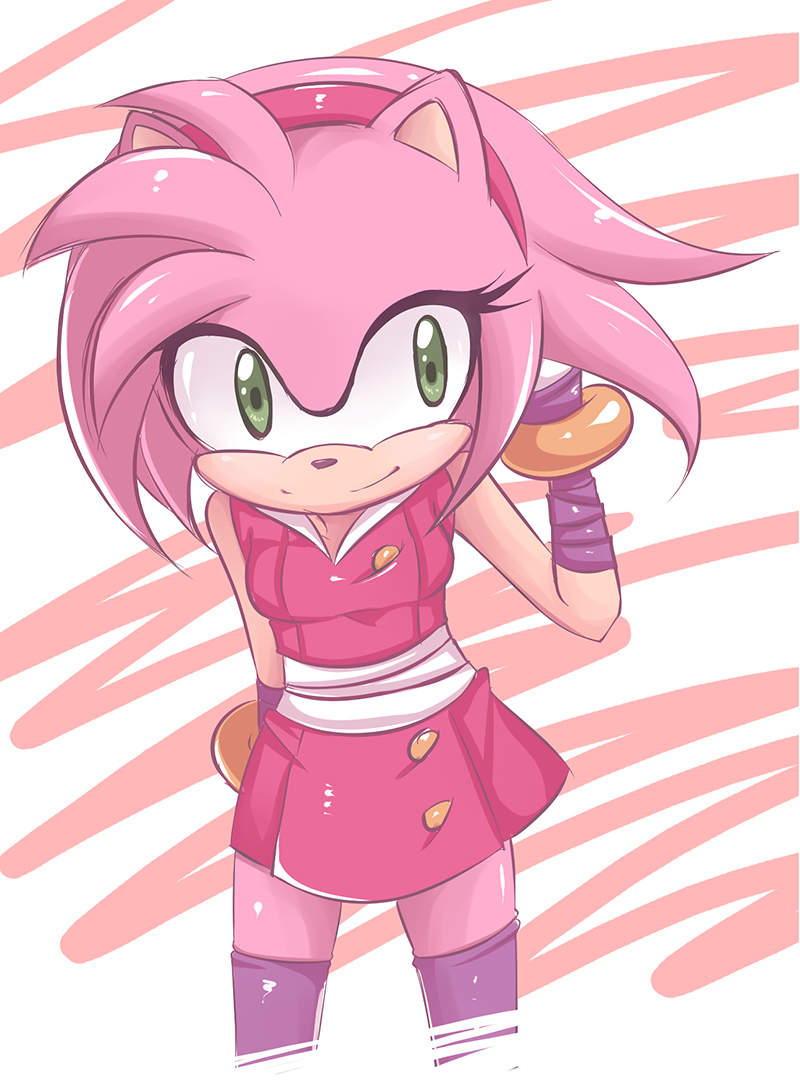 1girl amy_rose bare_shoulders bracelet dress furry green_eyes headband jewelry legwear pink_hair short_hair simple_background sleeveless smile solo sonic_boom_(game) sonic_the_hedgehog striped_background