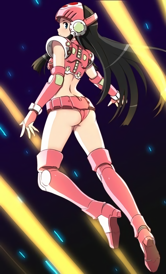 1girl android armor ass black_hair blue_eyes boots detached_sleeves female gradient gradient_background helmet long_hair looking_back panties plawres_sanshirou sakurahime solo striped_background thigh_boots underwear