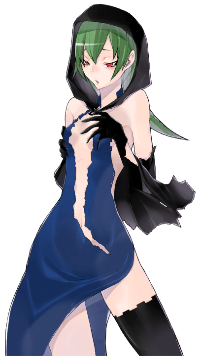 1girl arm_warmers bare_shoulders black_cape black_thighhighs blue_dress breasts caladrius cape center_opening choker cleavage dress eleanor_riegl green_hair hands_on_breasts hood official_art red_eyes simple_background small_breasts solo thigh-highs thighs torn_cape torn_clothes torn_dress yasuda_suzuhito