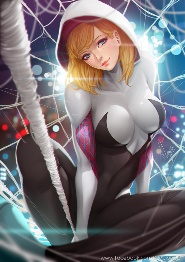 1girl blonde_hair blue_eyes blurry bodysuit breasts city depth_of_field gradient gradient_background gwen_stacy hood lens_flare looking_at_viewer magion02 marvel smile solo spider-gwen spider-man_(series) spider_web