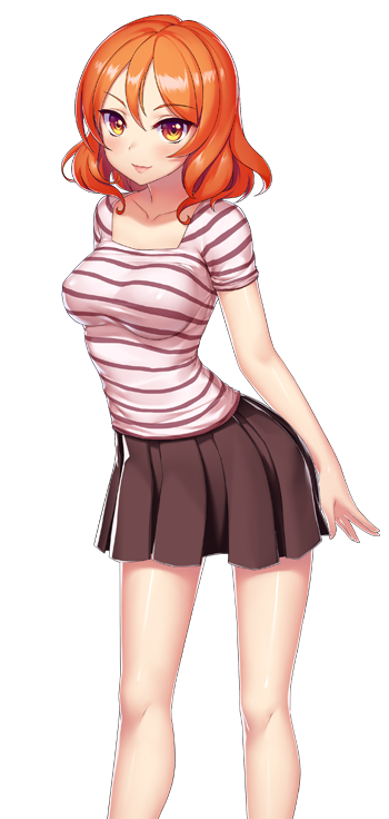 1girl blush breasts collarbone dmm drive_on_requesta female game_cg large_breasts legs looking_at_viewer matching_hair/eyes orange_eyes orange_hair short_hair simple_background skirt smile solo standing striped_clothes thighs white_background