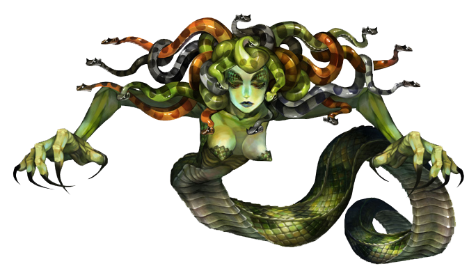 1girl breasts dragon's_crown george_kamitani gorgon green_lips green_skin lamia long_nails medusa monster monster_girl official_art pointy_breasts scales sharp_nails simple_background snake_hair snake_tail solo vanillaware