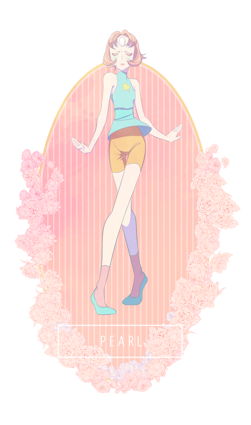 1girl artofthelion brown_hair closed_eyes forehead_jewel full_body pearl_(steven_universe) pose shorts sleeveless solo steven_universe striped_background