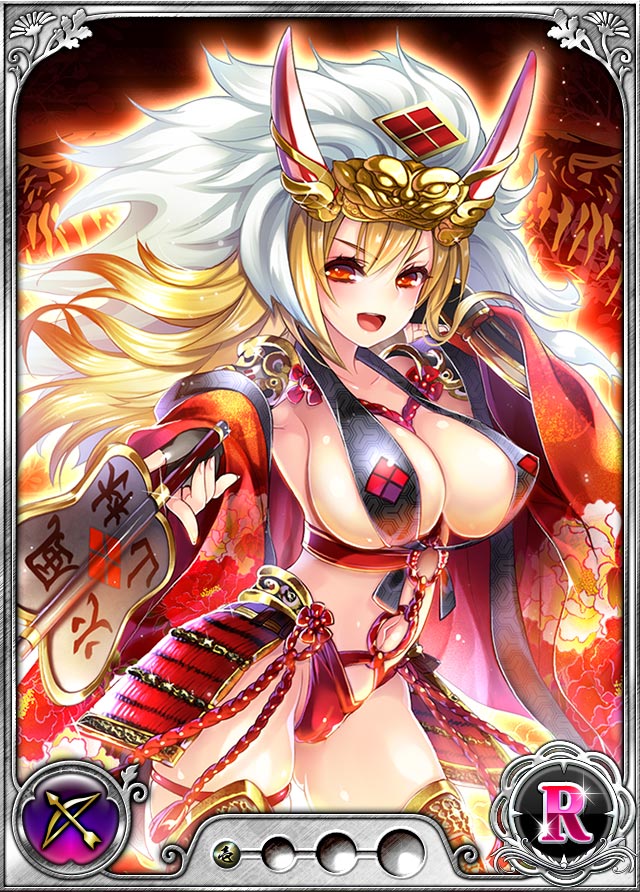 1girl blonde_hair breasts card_(medium) covering_nipples dmm female fingerless_gloves gloves helmet holding japanese_clothes large_breasts legs long_hair looking_at_viewer navel nobunaga_wa_ore_no_yome._hime_bushou_1000-ningiri official_art open_mouth orange_eyes panties simple_background smile solo standing thighs trading_card underwear