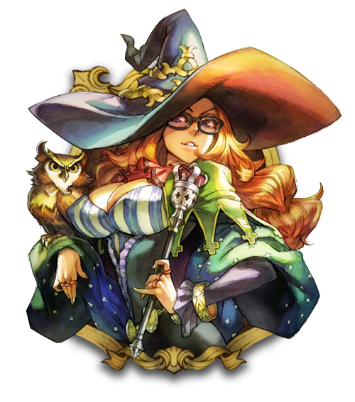 1girl big_hat bird breasts cleavage curly_hair erect_nipples female george_kamitani glasses grand_knights_history hat jewelry large_breasts long_hair muse_cromwell official_art orange_hair owl ring shawl simple_background solo vanillaware violet_eyes witch witch_hat