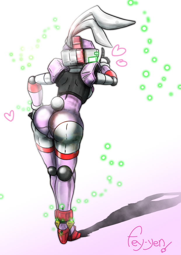 1girl android animal_ears ass bunny_girl bunny_tail elbow_glove fei-yen from_behind gloves gradient gradient_background heart high_heels huge_ass leaning leaning_forward leotard masamu_(leonore69) mecha no_humans rabbit_ears robot shadow solo tail thigh-highs virtual_on