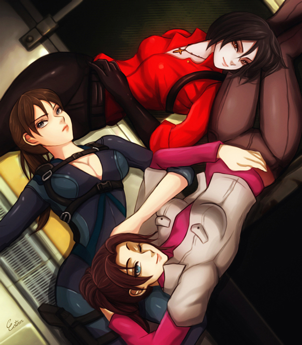 3girls ada_wong black_hair breasts brown_hair capcom claire_redfield cleavage esther jewelry jill_valentine lying multiple_girls necklace resident_evil smile