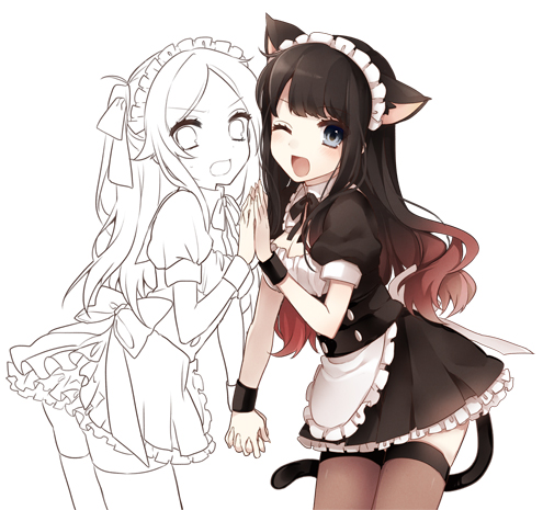 2girls apron black_hair blue_eyes cat_ears cat_tail hair_ribbon hand_holding ichinose_yukino isshoku_sokuhatsu_zen_girl_(vocaloid) jigokugata_ningen_doubutsuen_(vocaloid) long_hair maid maid_apron multicolored_hair multiple_girls nou_shou_sakuretsu_girl_(vocaloid) open_mouth ponytail ribbon simple_background smile tail thigh-highs unfinished vocaloid wink