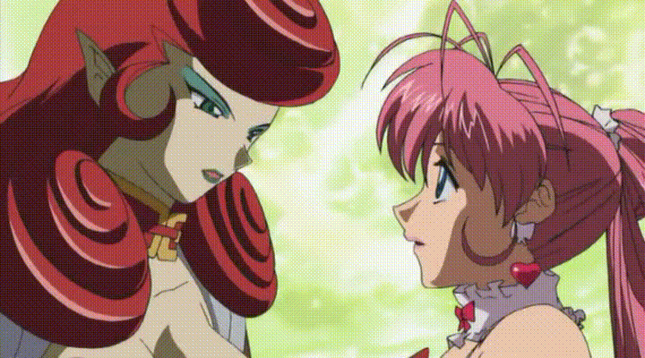 00s 2girls angry animated animated_gif arm arm_grab ass back bare_shoulders blue_eyes blush bow bra breasts buildings chin_grab cleavage closed_eyes earrings elbow_gloves english eye_contact eyeshadow female gloves green_eyes green_lipstick hair_rings hug jewelry kiss large_breasts lingerie lingerie_senshi_papillon_rose lipstick long_gloves long_hair looking_at_another makeup moon multiple_girls night open_mouth panties papillon_rose pink_hair pink_legwear pointy_ears redhead ribbon sarong sister_biene_(lingerie_senshi_papillon_rose) smile standing striped striped_legwear subtitled surprised talking thigh-highs thong underwear very_long_hair yuri