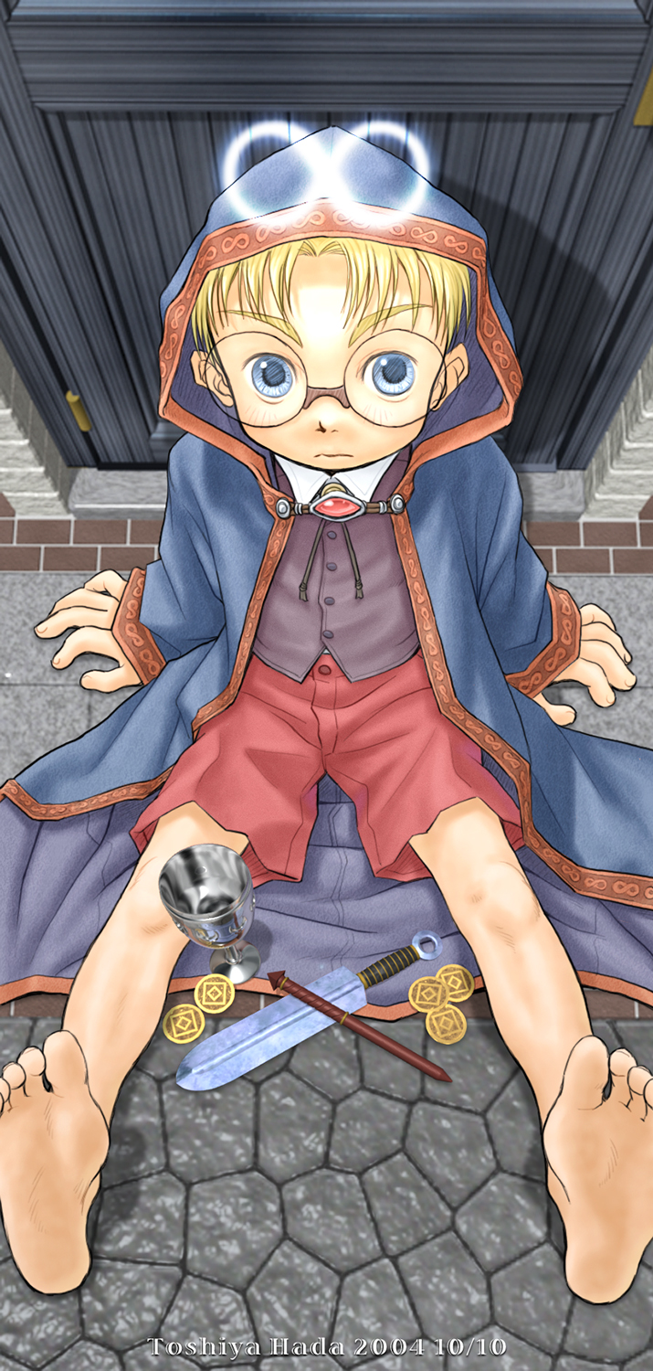 00s 1boy 2004 artist_name barefoot blonde_hair blue_eyes child cloak dagger dated feet glasses goblet hada_toshiya halo looking_at_viewer male_focus original outdoors short_hair shorts sitting solo toes weapon