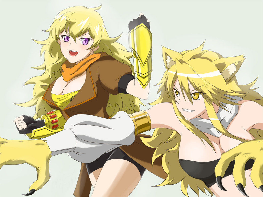 2girls akame_ga_kill! blonde_hair breasts cat_ears claws crossover fighting gauntlets jacket large_breasts leone long_hair multiple_girls open_mouth rwby scarf simple_background smile violet_eyes weapon yang_xiao_long yellow_eyes