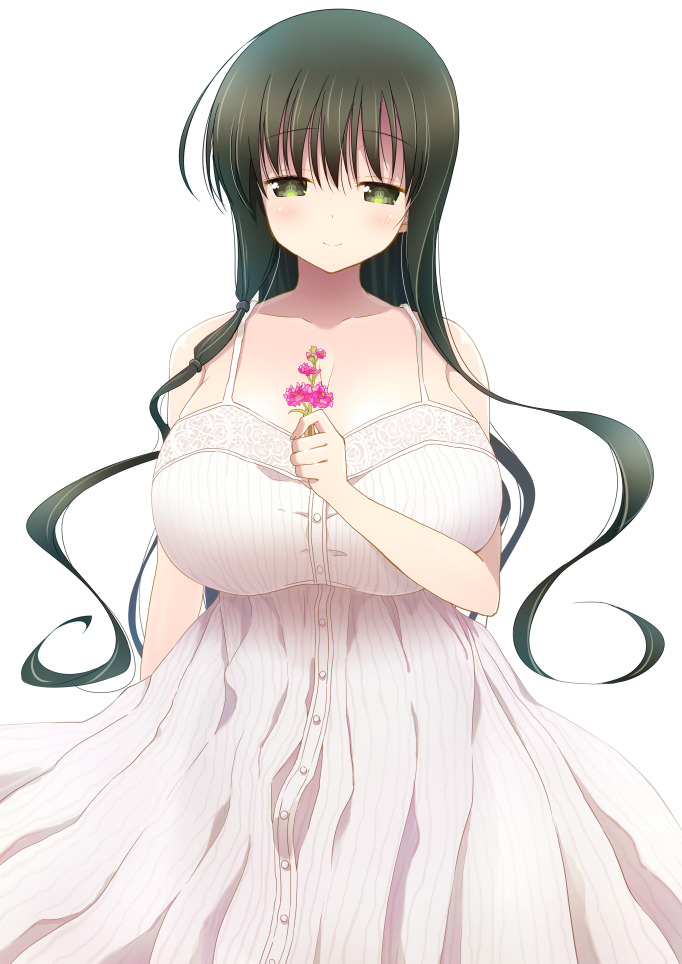 1girl bare_shoulders black_hair blush breasts cleavage dress flower green_eyes huge_breasts hyuuga_takashi iwato_kasumi long_hair looking_at_viewer saki simple_background smile solo