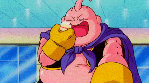 1boy 90s animated animated_gif antennae cake cape closed_eyes dragon_ball dragonball_z eating food gloves happy majin_buu male_focus monster pink_skin shop solo sweets window