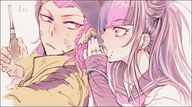 1boy 1girl bangle bangs beanie black_hair black_nails blue_hair blunt_bangs braid dangan_ronpa double_bun ear_piercing earrings fingerless_gloves hat jumpsuit long_hair looking_at_another lowres matching_hair/eyes mioda_ibuki multicolored_hair nail_polish open_mouth piercing pink_eyes pink_hair ring school_uniform screwdriver serafuku side_braid single_glove souda_kazuichi streaked_hair striped_gloves super_dangan_ronpa_2 whispering white_hair zipper