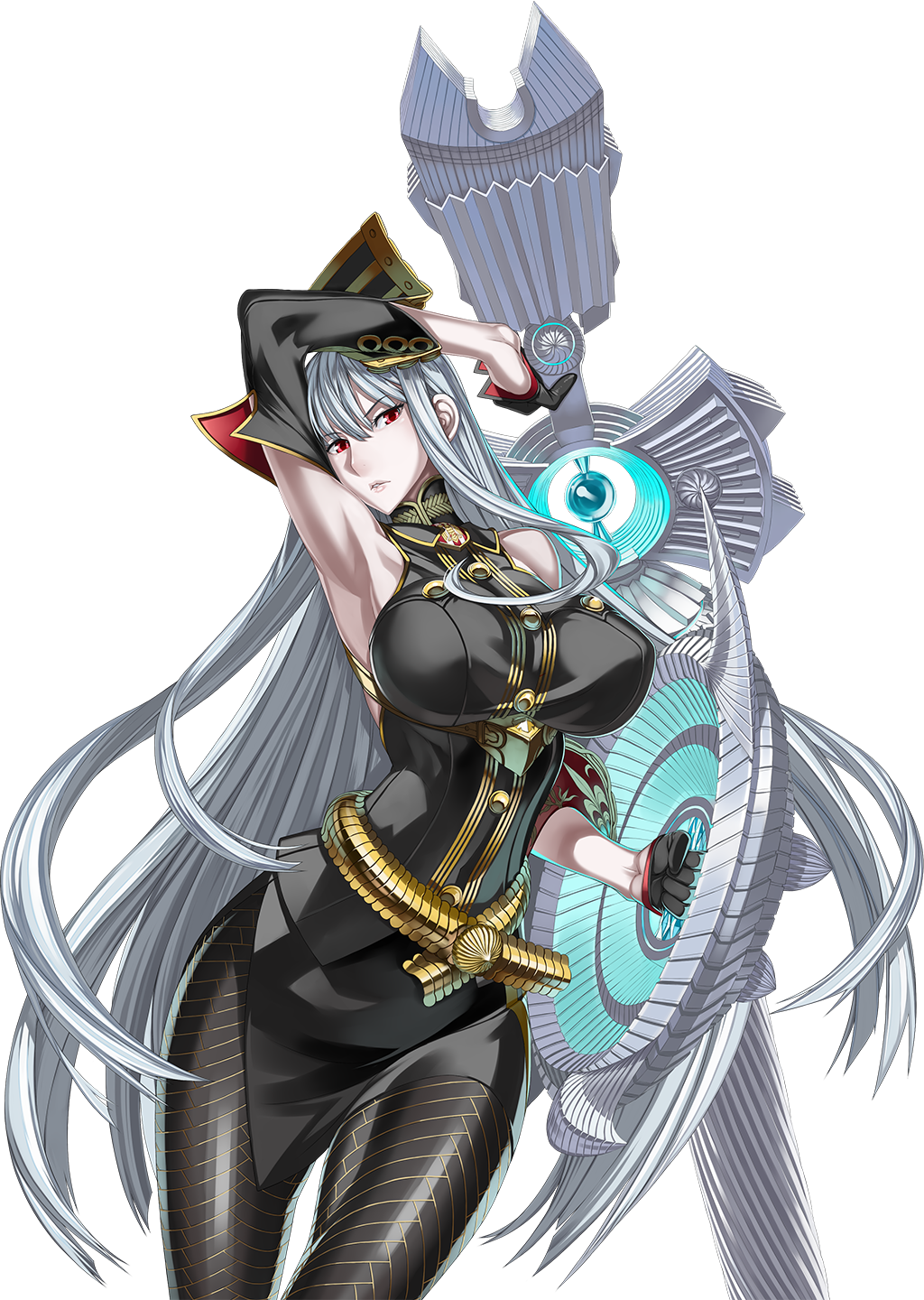 1girl armpits breasts dengeki_bunko_fighting_climax huge_breasts long_hair military military_uniform red_eyes selvaria_bles senjou_no_valkyria silver_hair simple_background solo uniform weapon