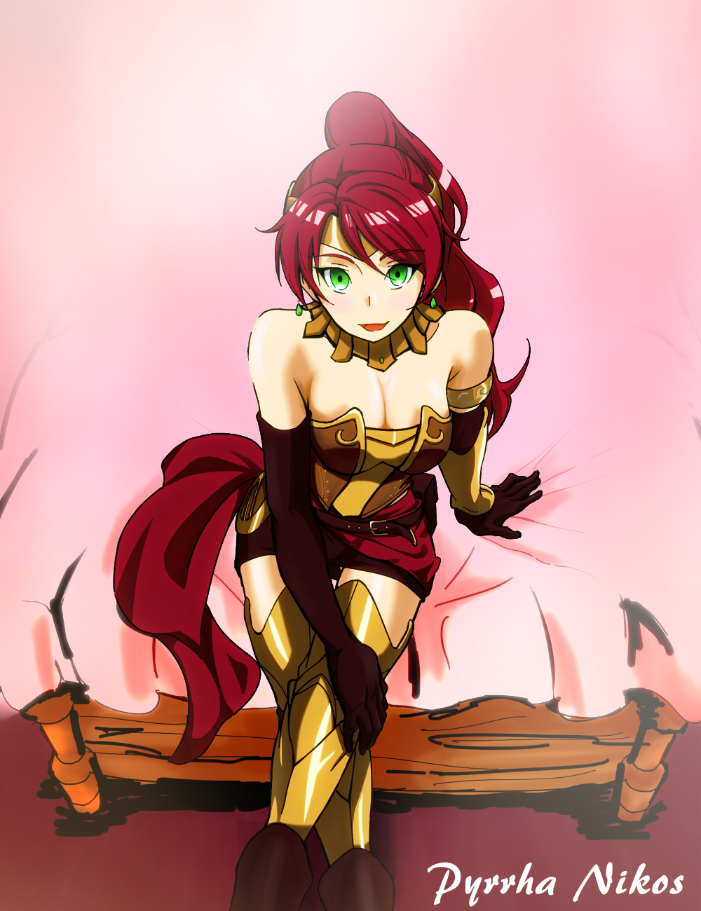 1girl armor bed belt boots breasts cleavage elbow_gloves gloves gradient gradient_background green_eyes long_hair pyrrha_nikos redhead rwby sitting solo