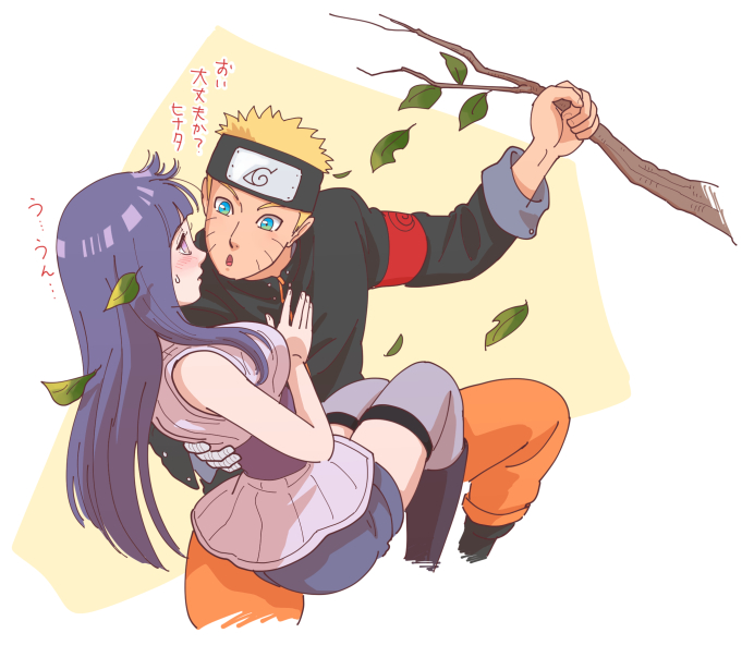 1boy 1girl blonde_hair couple forehead_protector hime_cut hyuuga_hinata naruto naruto:_the_last purple_hair risuo simple_background spiky_hair translated uzumaki_naruto