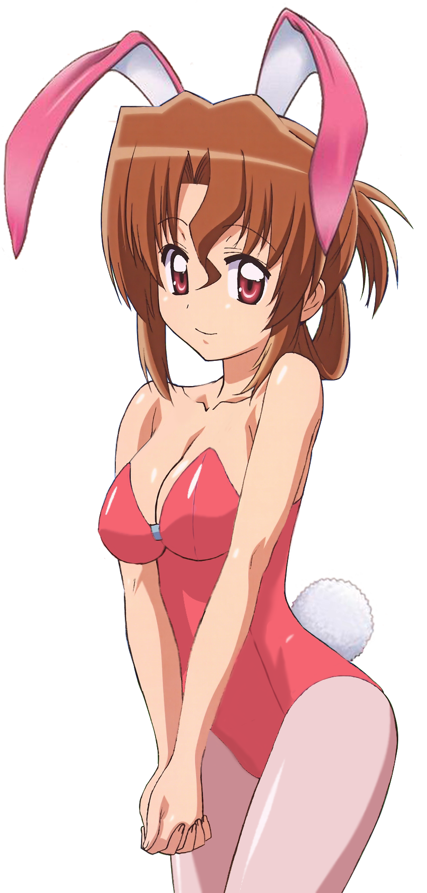 1girl animal_ears animal_tail breasts brown_hair bunny_girl bunny_tail bunnysuit cleavage collarbone folded_ponytail grin hayate_no_gotoku! highres maria_(hayate_no_gotoku!) rabbit_ears red_eyes simple_background smile solo tail