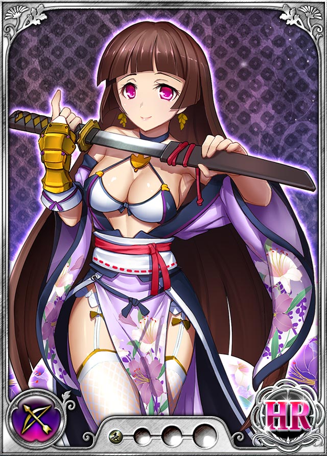 1girl bare_shoulders breasts brown_hair card_(medium) choker cleavage dmm earrings female garter_belt garter_straps japanese_clothes jewelry knife large_breasts legs long_hair looking_at_viewer nobunaga_wa_ore_no_yome._hime_bushou_1000-ningiri official_art pink_eyes simple_background smile solo standing thigh-highs thighs trading_card