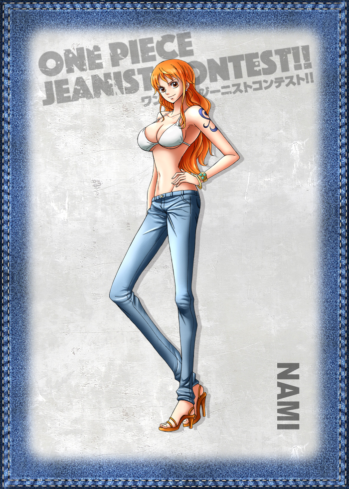 1girl bare_arms bare_shoulders bikini_top blue_jeans bracelet breasts brown_eyes character_name cleavage closed_mouth copyright_name denim earrings feet female full_body hand_on_hip high_heel_sandals high_heels jeans jewelry large_breasts long_hair midriff nami_(one_piece) no_socks one_piece orange_hair sandals slender_waist solo standing tattoo
