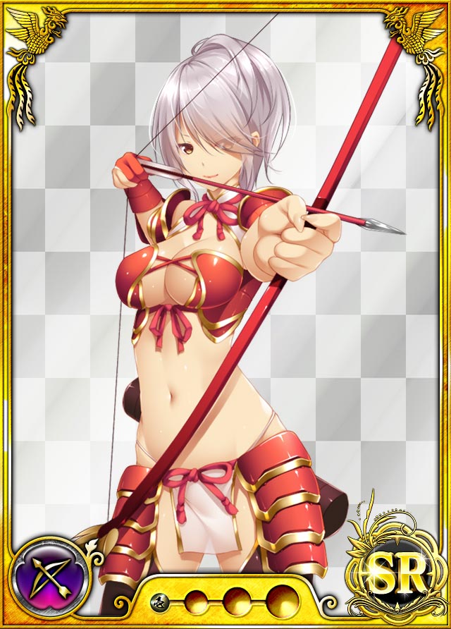 1girl arrow bow_(weapon) breasts card_(medium) checkered checkered_background cleavage detached_collar dmm fundoshi legs looking_at_viewer navel nobunaga_wa_ore_no_yome._hime_bushou_1000-ningiri official_art pink_eyes short_hair simple_background small_breasts smile solo standing thigh-highs thighs trading_card weapon white_hair