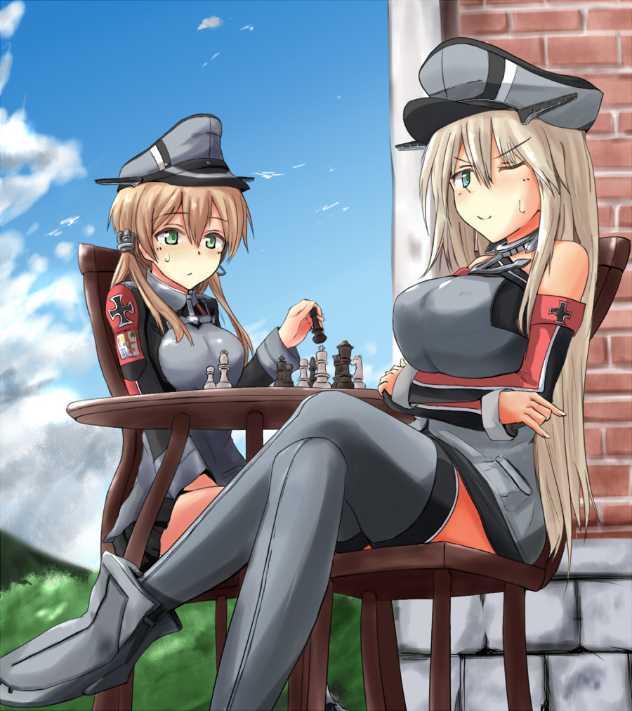 2girls aqua_eyes bismarck_(kantai_collection) blonde_hair board_game breasts chair chess green_eyes hat kantai_collection long_hair multiple_girls prinz_eugen_(kantai_collection) sitting takemitsu-zamurai