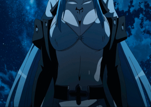 akame_ga_kill! animated animated_gif blue_eyes blue_hair breasts cleavage esdeath large_breasts leaning_forward long_hair military military_uniform tattoo uniform