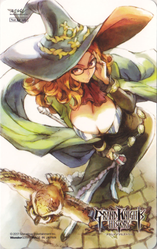 1girl big_hat bird breasts cleavage curly_hair erect_nipples george_kamitani glasses grand_knights_history hat jewelry large_breasts long_hair muse_cromwell official_art orange_hair owl pantyhose ring shawl simple_background vanillaware violet_eyes witch witch_hat