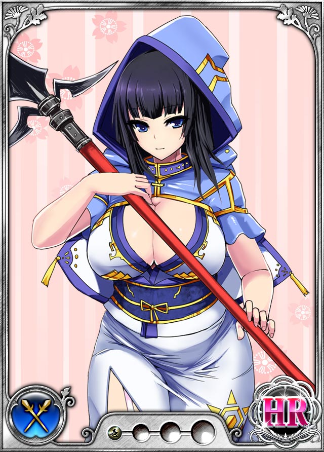 1girl black_hair blue_eyes breasts cape card_(medium) cleavage curvy dmm hood huge_breasts lance legs long_hair looking_at_viewer nobunaga_wa_ore_no_yome._hime_bushou_1000-ningiri official_art polearm simple_background smile solo standing thighs trading_card weapon