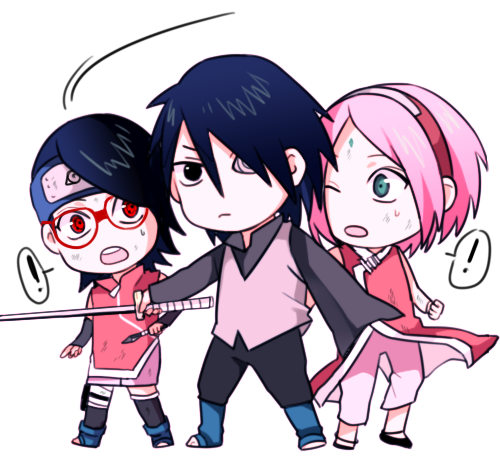 ! 1boy 2girls amputee artist_request black_hair boruto:_the_movie chibi dirty family forehead_protector haruno_sakura multiple_girls naruto pink_hair rinnegan sharingan simple_background sleeveless sword uchiha_sarada uchiha_sasuke