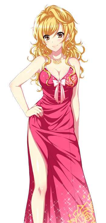 1girl blonde_hair blush breasts brown_eyes cleavage dmm dress drive_on_requesta earrings female game_cg hand_on_hip jewelry large_breasts legs long_hair looking_at_viewer nail_polish necklace simple_background sleeveless smile solo standing thighs white_background