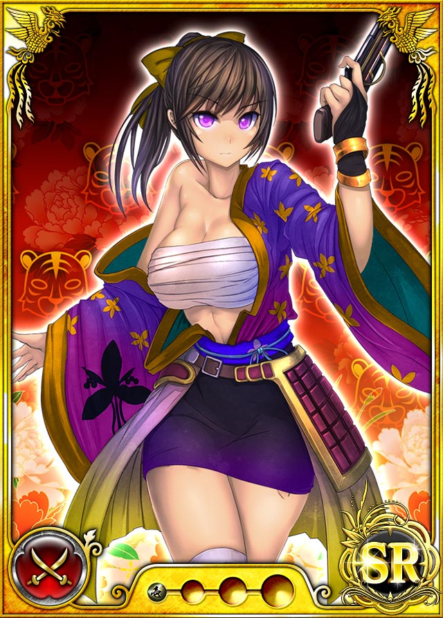 1girl bare_shoulders belt black_hair breasts card_(medium) collarbone dmm female fingerless_gloves gloves gun japanese_clothes large_breasts legs looking_at_viewer nobunaga_wa_ore_no_yome._hime_bushou_1000-ningiri official_art open_clothes pink_eyes ponytail sarashi serious simple_background skirt solo standing thighs trading_card weapon
