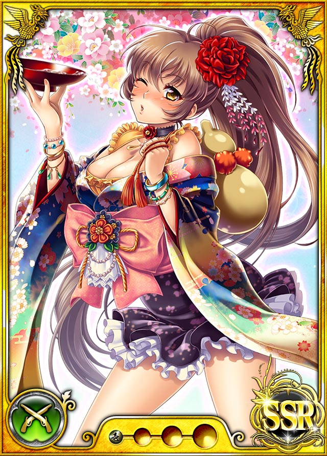 1girl alcohol bottle breasts brown_hair card_(medium) carrying choker cleavage dmm drink female flower hair_flower hair_ornament holding japanese_clothes large_breasts legs long_hair looking_at_viewer nobunaga_wa_ore_no_yome._hime_bushou_1000-ningiri official_art ponytail sake simple_background solo standing thighs trading_card wink