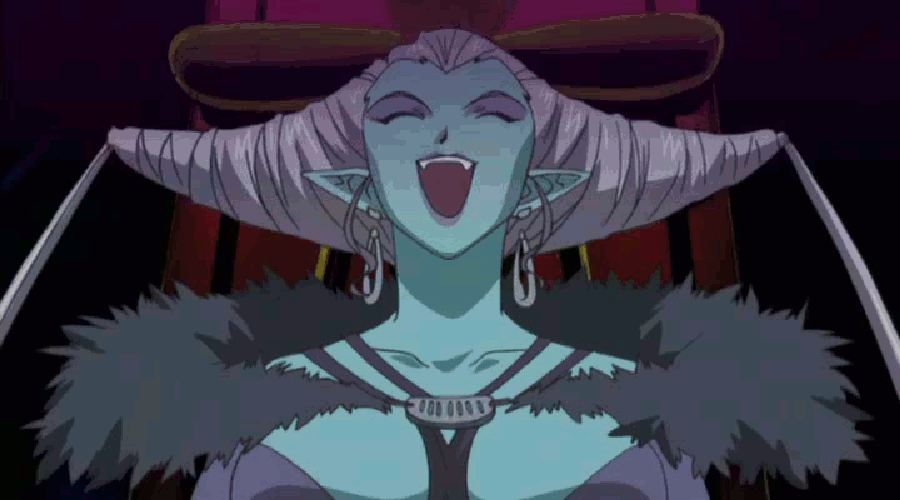 00s 1girl animated animated_gif bouncing_breasts breasts dress drill_hair earrings eyeshadow female green_skin jewelry large_breasts laughing lingerie_senshi_papillon_rose long_gloves long_hair pointy_ears regina_apis_(lingerie_senshi_papillon_rose) silver_hair solo teeth throne wings