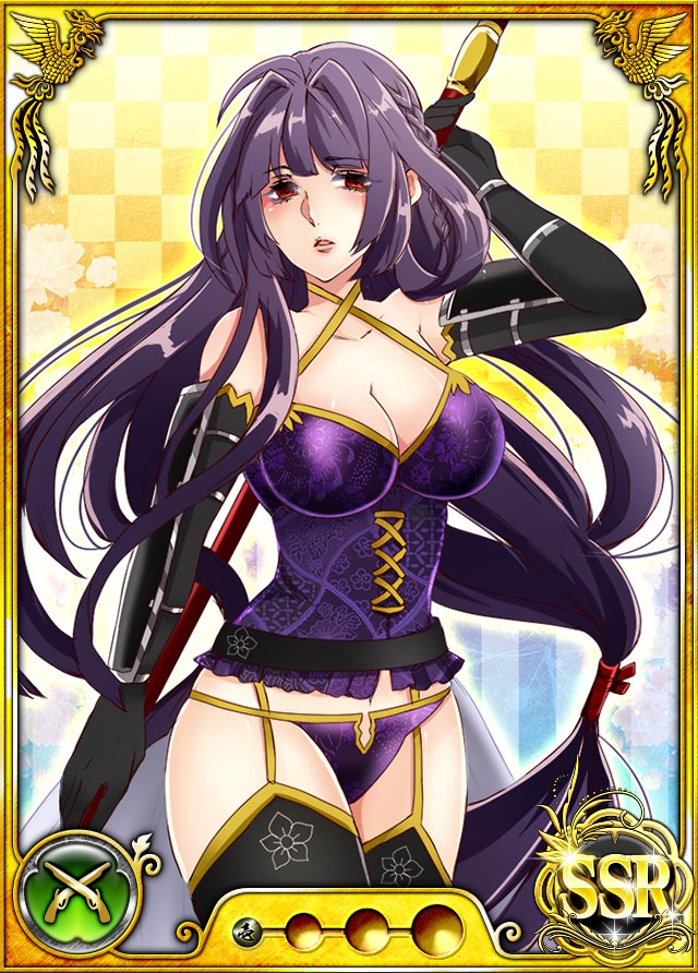 1girl bare_shoulders blush breasts card_(medium) cleavage dmm elbow_gloves female garter_straps gloves lance large_breasts legs lingerie long_hair looking_at_viewer navel nobunaga_wa_ore_no_yome._hime_bushou_1000-ningiri official_art panties polearm purple_hair red_eyes simple_background solo standing thigh-highs thighs trading_card underwear very_long_hair weapon