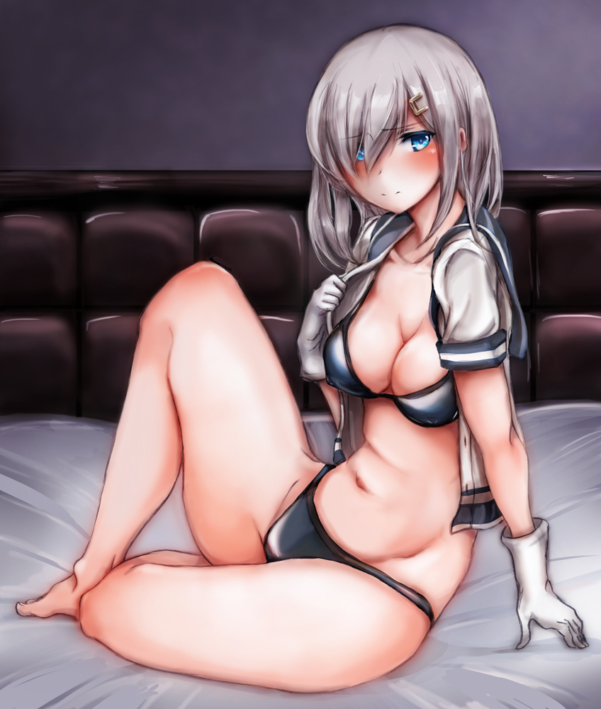 1girl arm_support bare_legs barefoot bed bed_sheet black_bra black_panties blue-burn blue_eyes bra breasts colored_eyelashes erect_nipples eyes_visible_through_hair gloves hair_ornament hair_over_one_eye hairclip hamakaze_(kantai_collection) kantai_collection looking_at_viewer midriff navel open_clothes panties school_uniform serafuku short_hair silver_hair sitting solo thighs underwear white_gloves