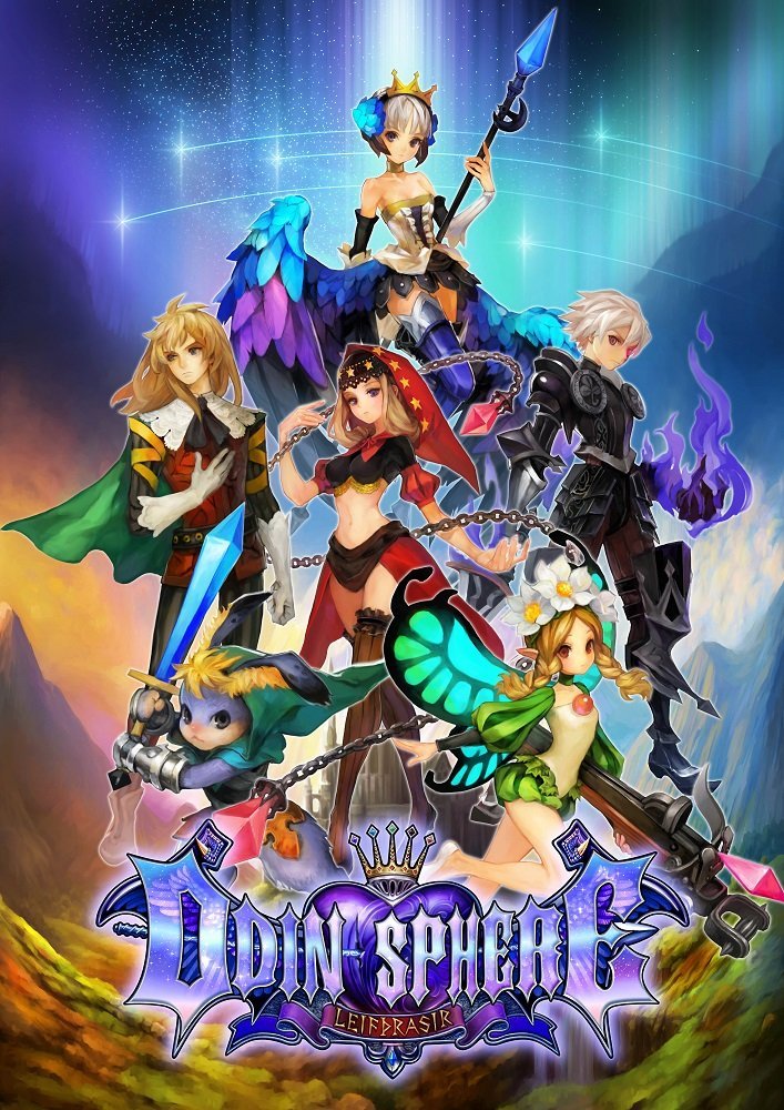 2boys 3girls armor aura blonde_hair bow_(weapon) butterfly_wings cape cornelius_(odin_sphere) crossbow dual_persona fairy feathered_wings flower furry gradient gradient_background gwendolyn hair_flower hair_ornament hood logo mercedes midriff mountain multiple_boys multiple_girls navel odin_sphere official_art oswald shooting_star silver_hair spear star_(sky) starry_sky sword thigh-highs tiara twin_braids vanillaware velvet_(odin_sphere) weapon whip wings