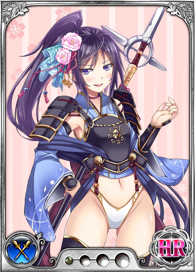 1girl blush card_(medium) dmm flower gauntlets hair_flower hair_ornament japanese_clothes lance legs long_hair looking_at_viewer navel nobunaga_wa_ore_no_yome._hime_bushou_1000-ningiri official_art open_mouth panties polearm ponytail purple_hair simple_background smile solo standing thighs trading_card underwear violet_eyes weapon