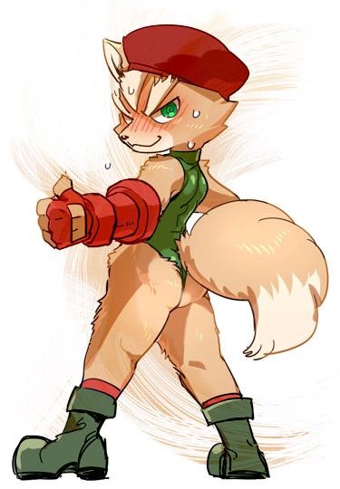 1boy ass blush boot cammy_white cammy_white_(cosplay) capcom cosplay crossdressinging crossover fox fox_mccloud furry gradient gradient_background green_eyes hat nintendo no_humans skin_tight solo star_fox super_smash_bros. tail what