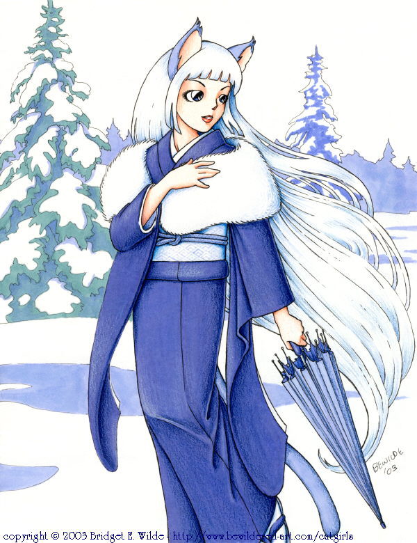 1girl animal_ears bewildered black_eyes long_hair original snow solo standing umbrella white_hair