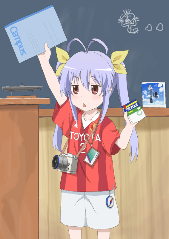 1girl ahoge antenna_hair arm_up blush bow camera chalkboard chestnut_mouth child company_name hair_ribbon holding long_hair miyauchi_renge model nagoya_grampus non_non_biyori notebook number open_mouth pun purple_hair red_eyes ribbon shirt shorts solo standing submarine triangle_mouth twintails