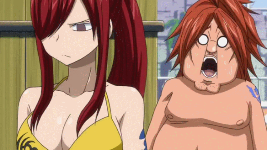 1boy 2girls angry animated animated_gif ass bare_shoulders barefoot bikini blonde_hair breasts brown_eyes butt_crack cleavage erza_scarlet fairy_tail fat fat_man female highres kicking large_breasts long_hair lucy_heartfilia multiple_girls navel ponytail pose redhead screencap sideboob stitched swimsuit talking tattoo twintails under_boob wink