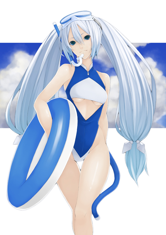 1girl bare_shoulders blue_eyes character_request closed_mouth diving_mask female gradient gradient_background kanden long_hair looking_at_viewer one-piece_swimsuit smile solo swimsuit twintails under_boob very_long_hair white_hair
