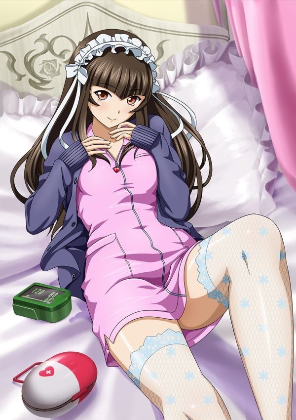 00s 1girl bed brown_hair cardigan female fishnet_legwear fishnets hairband ikkitousen ikkitousen:_bakunyuu_souhaden lace lace-trimmed_thighhighs long_hair looking_at_viewer lying nurse official_art on_back on_bed open_clothes pillow smile solo ten'i_(ikkitousen) thigh-highs white_legwear zettai_ryouiki zipper