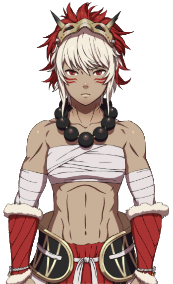1girl abs dark_skin fire_emblem fire_emblem_if jewelry looking_at_viewer muscle my_room necklace rinka_(fire_emblem_if) simple_background tattoo white_hair
