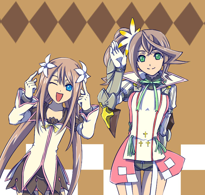 2girls alisha_diphda argyle argyle_background armor belt blue_eyes breasts brown_background brown_hair checkered detached_sleeves flower gloves green_eyes hair_ornament jacket long_hair marta_lualdi multiple_girls one_eye_closed open_mouth ribbon short_shorts shorts side_ponytail simple_background skirt smile tales_of_(series) tales_of_symphonia_knight_of_ratatosk tales_of_zestiria thigh-highs wink