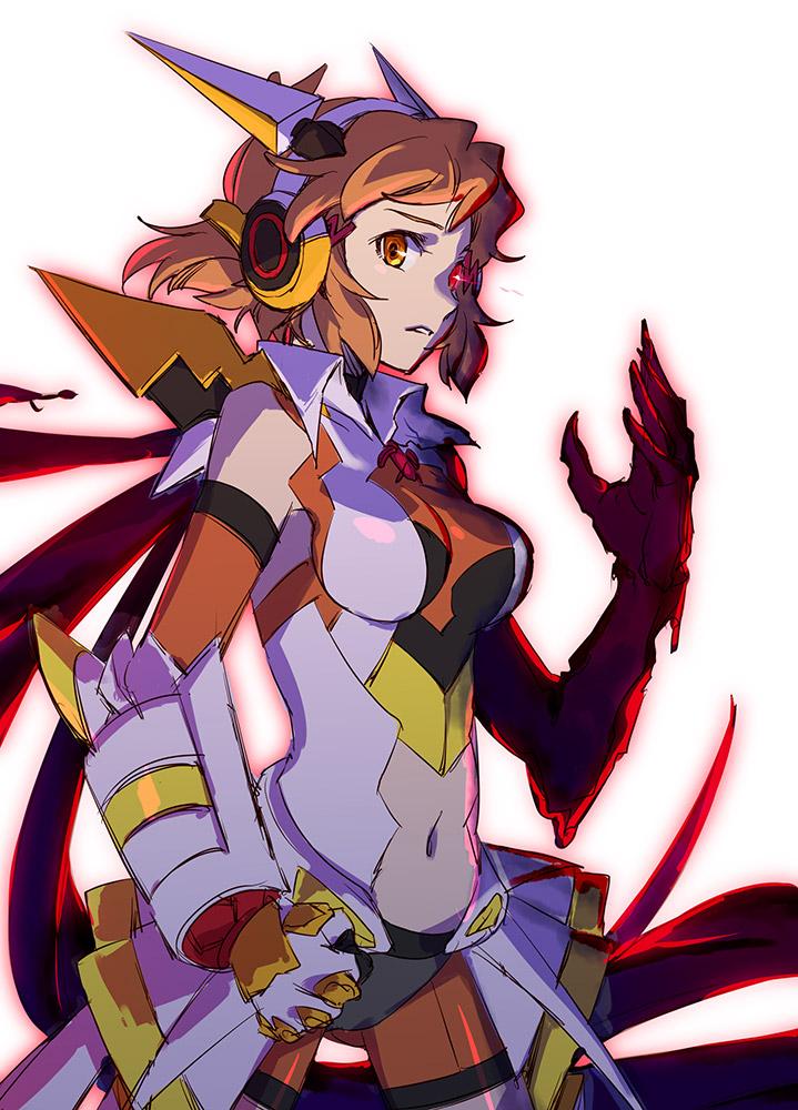 1girl armor bike_shorts bodysuit breasts brown_hair clenched_hands female gauntlets hair_ornament headphones highres large_breasts md5_mismatch mecha_musume navel navel_cutout orange_eyes scarf senki_zesshou_symphogear short_hair simple_background solo tachibana_hibiki_(symphogear) tsuta_no_ha