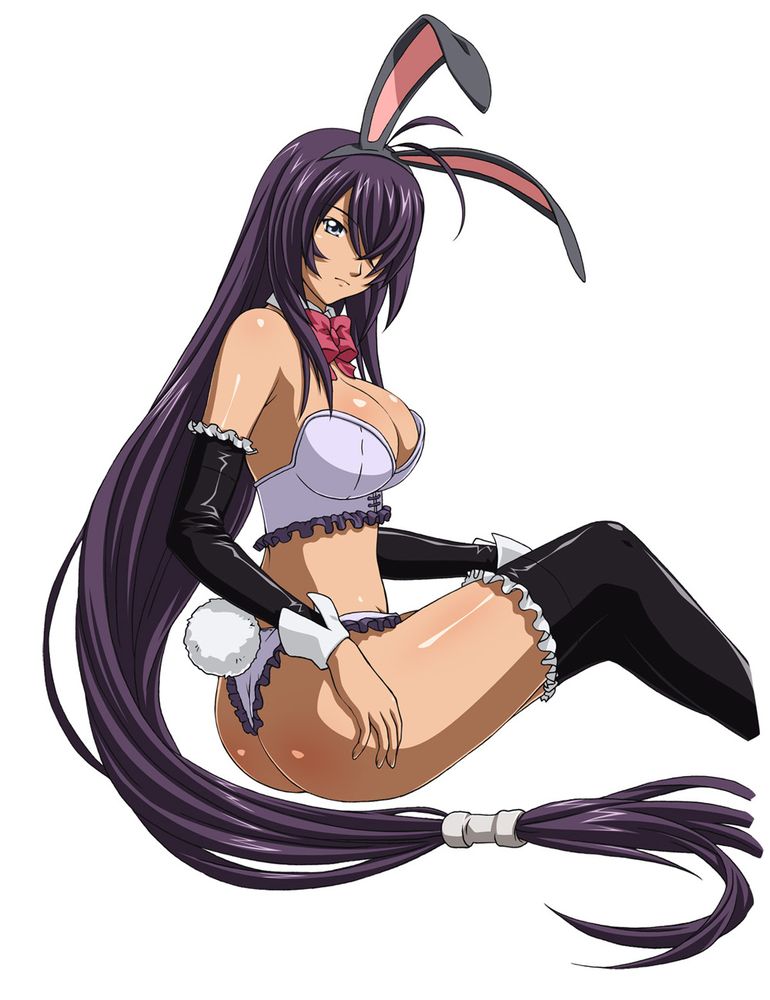 00s 1girl animal_ears ass black_legwear blue_eyes bow breasts bunny_girl bustier dark_skin female ikkitousen kan'u_unchou lace lace-trimmed_thighhighs large_breasts legs long_hair long_legs looking_at_viewer looking_back purple_hair ribbon simple_background sitting solo thigh-highs thighs thong very_long_hair